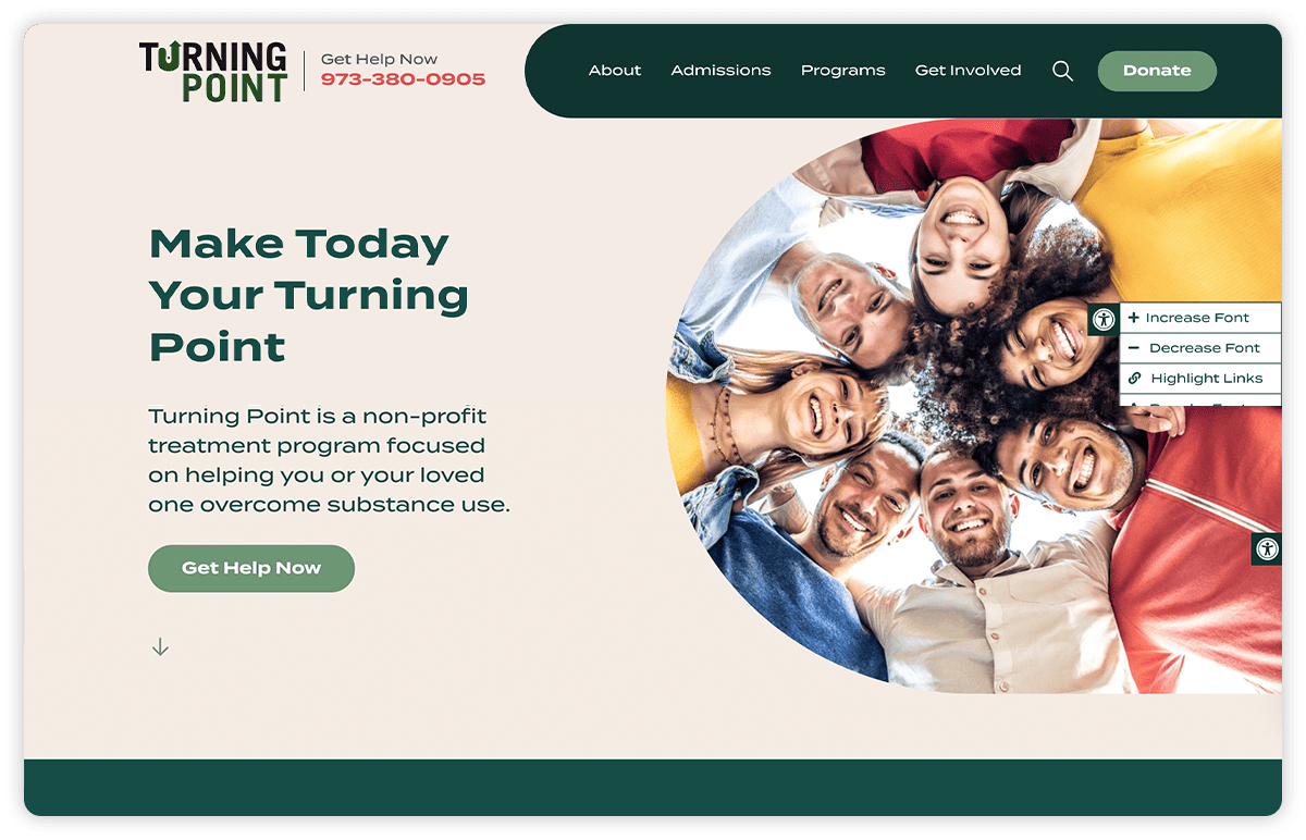 Turning Point New Jersey has a visually appealing web design that uses a consistent font and color scheme throughout all of its pages.